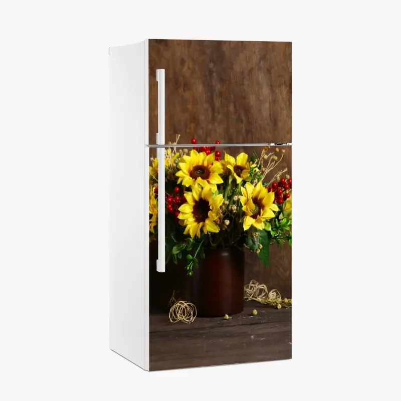 Kühlschrankaufkleber herbstlicher sonnenblumenstrauß vor holzhintergrund