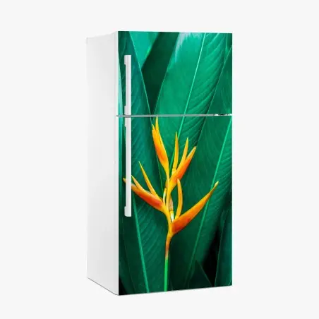 Kühlschrankaufkleber leuchtende tropische paradiesvogelblume auf grünen blättern – Pixers®