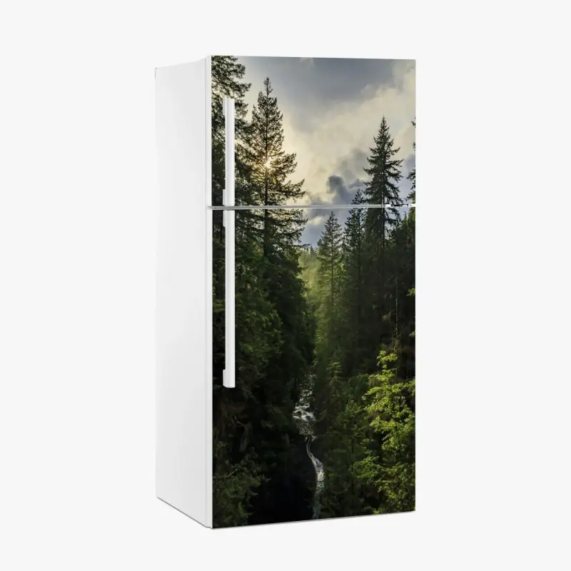 Kühlschrankaufkleber nebliger immergrüner wald mit wasserfall