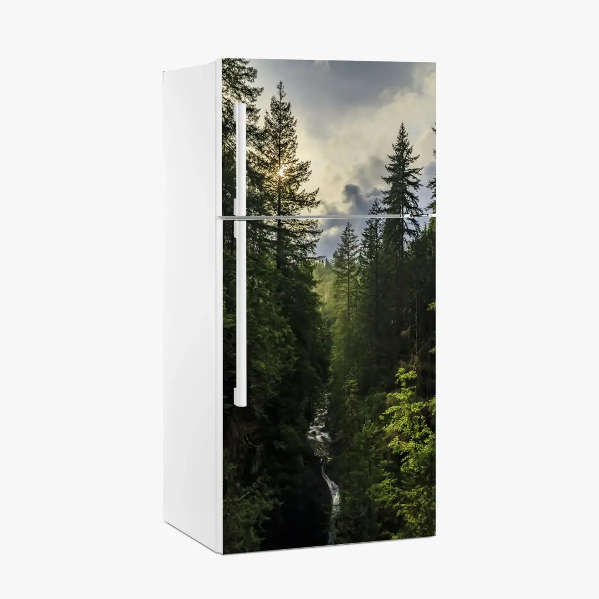 Kühlschrankaufkleber nebliger immergrüner wald mit wasserfall – Pixers®