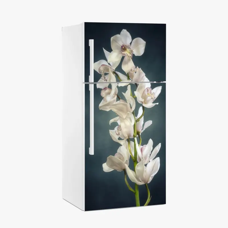 Kühlschrankaufkleber zarte weiße orchideen vor gedämpftem hintergrund