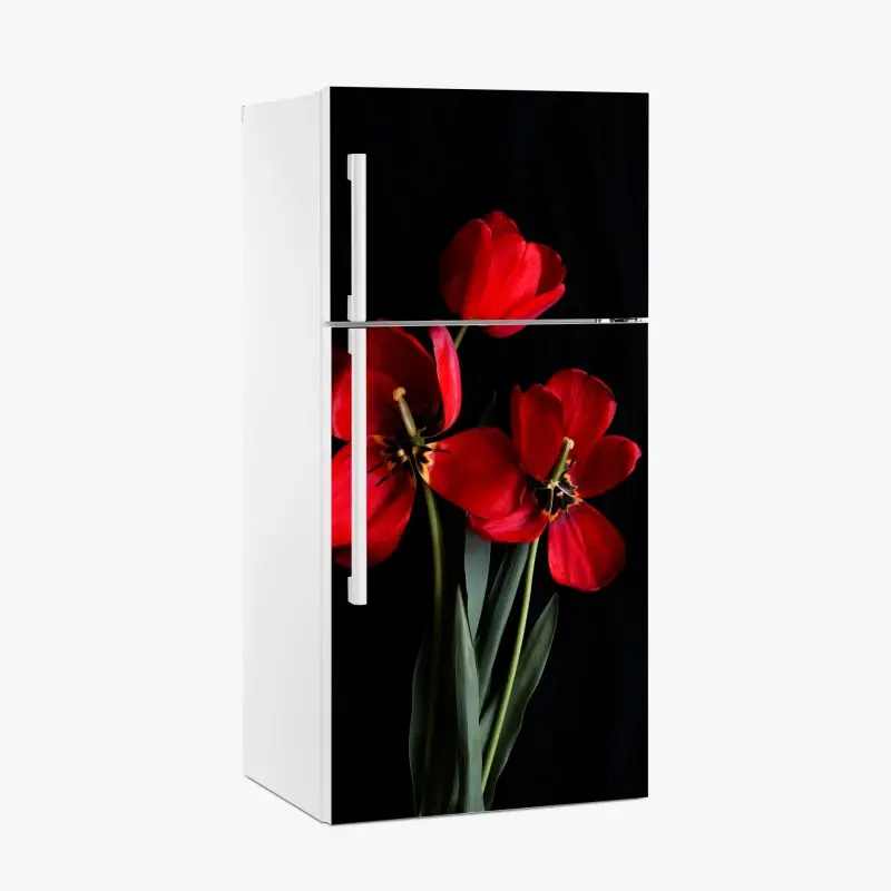Kühlschrankaufkleber drei rote tulpen vor schwarzem hintergrund