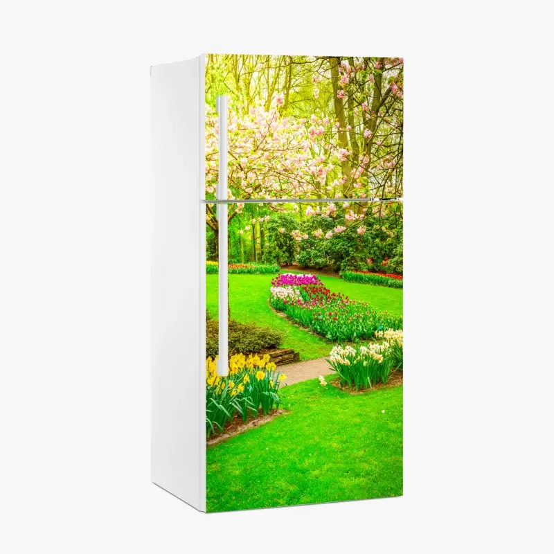 Kühlschrankaufkleber frühlingsgarten in blüte: tulpen und kirschblüten