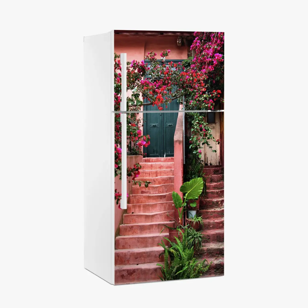 Kühlschrankaufkleber treppe mit bougainvillea und grünen pflanzen – Pixers®