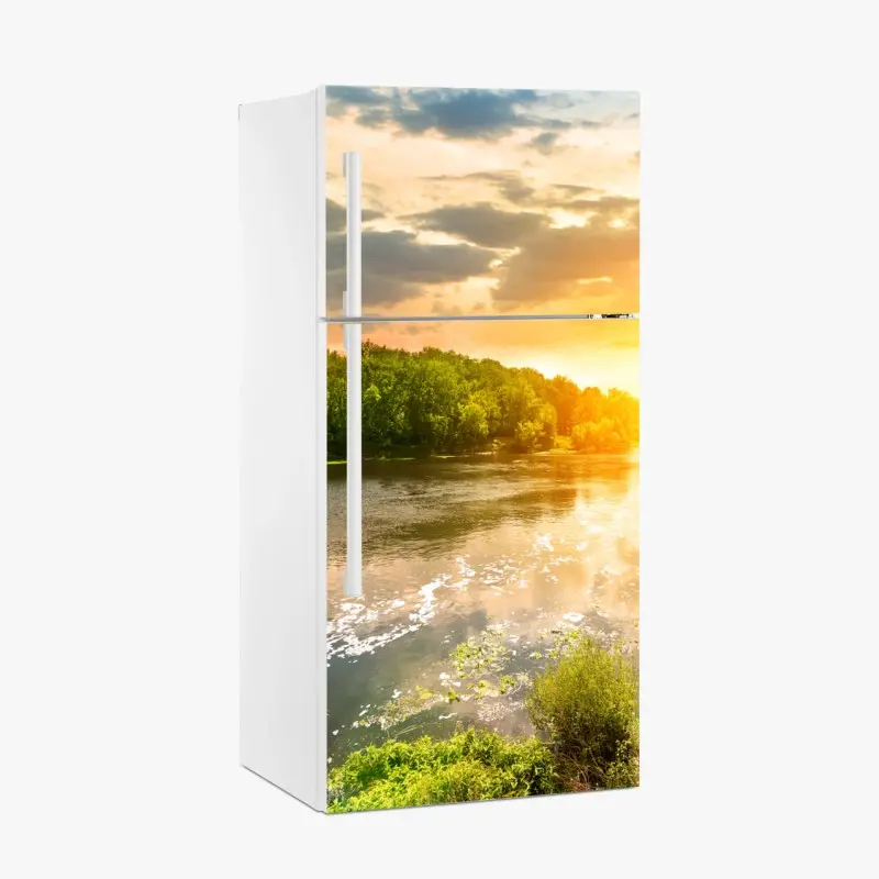 Kühlschrankaufkleber ruhiger sonnenuntergang am fluss im grünen wald