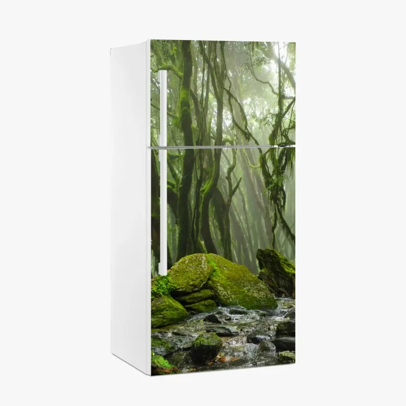 Kühlschrankaufkleber moosiger wald mit bach im nebel