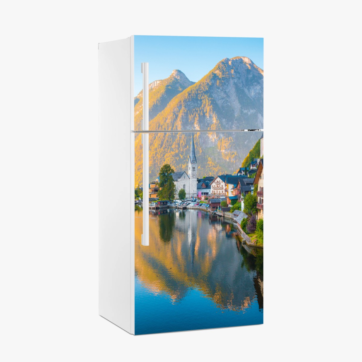 Kühlschrankaufkleber morgendlicher lichtglanz über Hallstatt am see – Pixers®