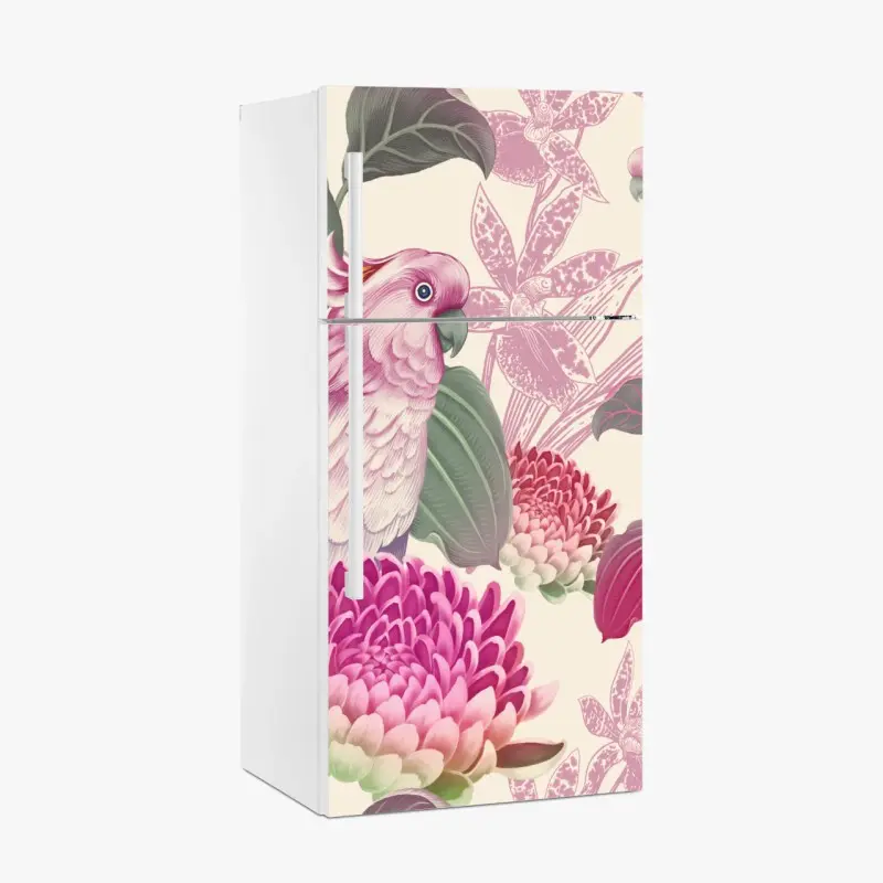 Kühlschrankaufkleber rosa papagei und chrysantheme - botanisches motiv