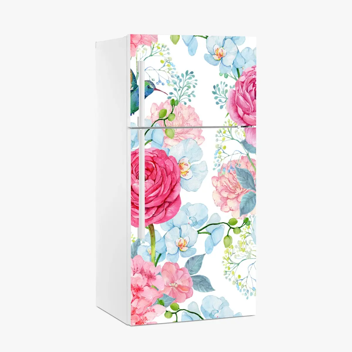 Kühlschrankaufkleber rosa aquarell blumengarten mit kolibri – Pixers®