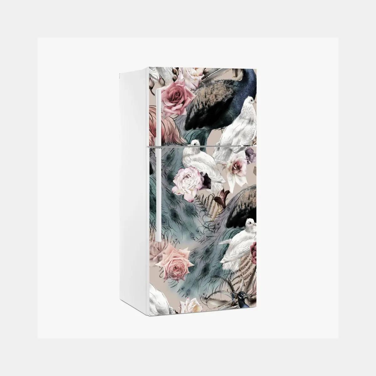 Kühlschrankaufkleber aquarellmuster mit vögeln und rosen – Pixers®