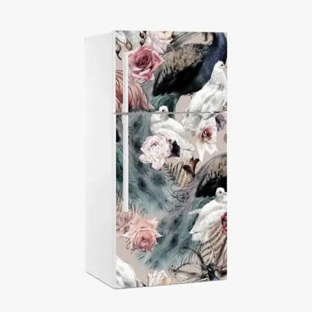 Kühlschrankaufkleber aquarellmuster mit vögeln und rosen – Pixers®