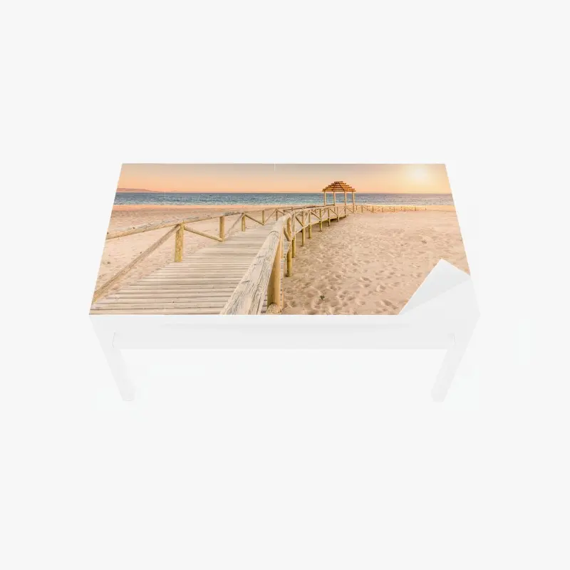 Tischaufkleber und Schreibtischaufkleber hölzerner steg zum strand von Trafalgar bei sonnenuntergang