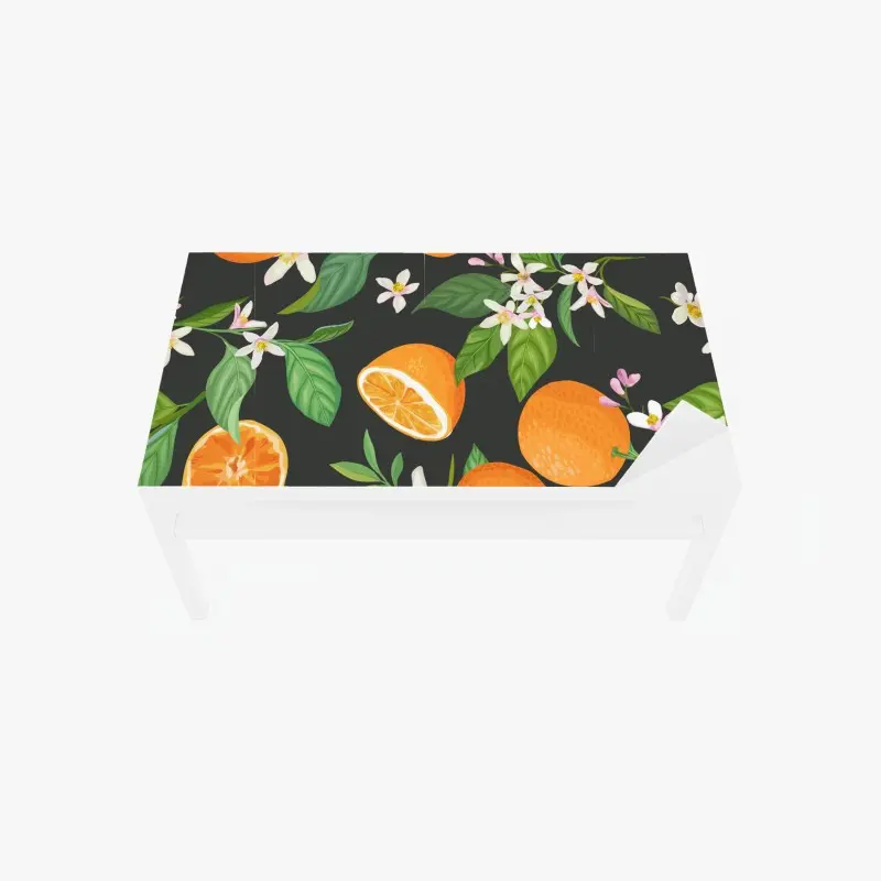 Tischaufkleber und Schreibtischaufkleber orangeblüten- und zitrusmuster auf dunklem hintergrund