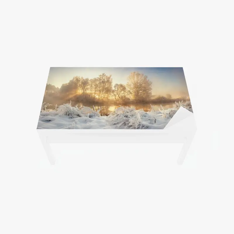 Tischaufkleber und Schreibtischaufkleber goldener wintersonnenaufgang über dem frostigen fluss