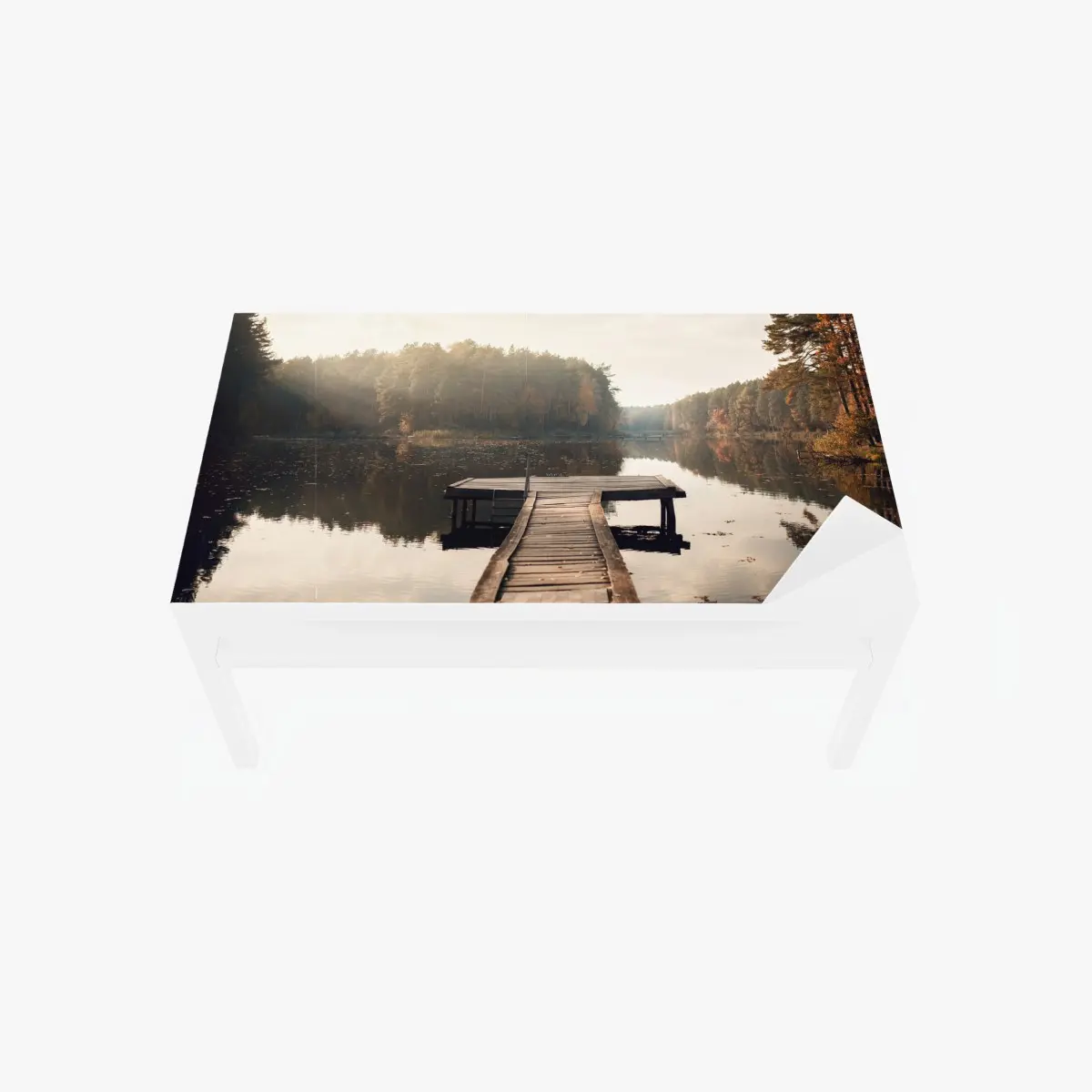 Tischaufkleber und Schreibtischaufkleber herbstmorgen am see mit hölzernem steg – Pixers®