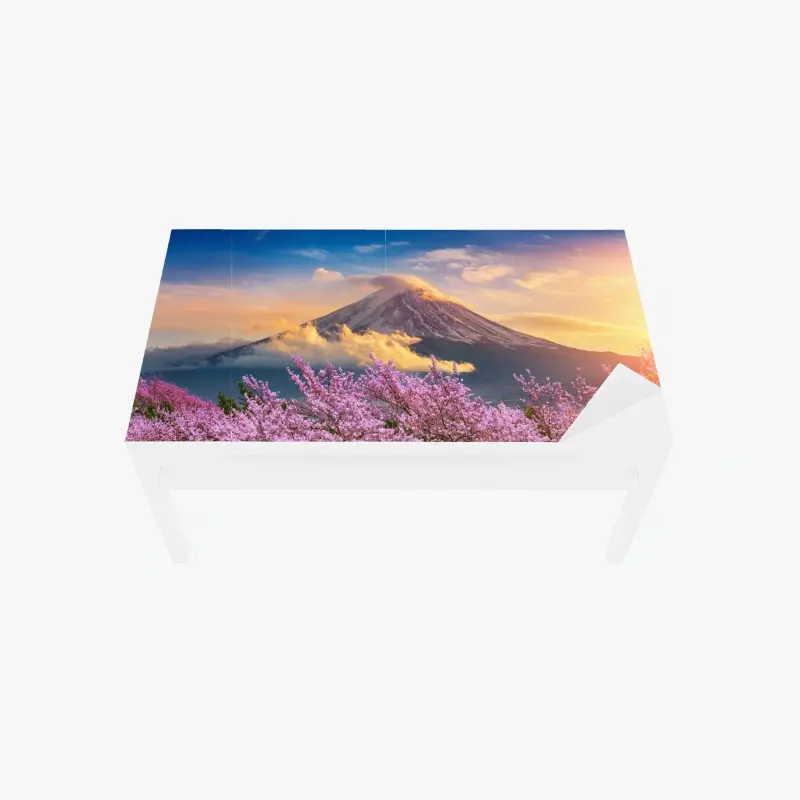 Tischaufkleber und Schreibtischaufkleber Berg Fuji mit blühenden kirschblüten bei sonnenaufgang