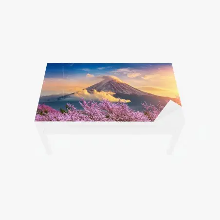 Tischaufkleber und Schreibtischaufkleber Berg Fuji mit blühenden kirschblüten bei sonnenaufgang – Pixers®
