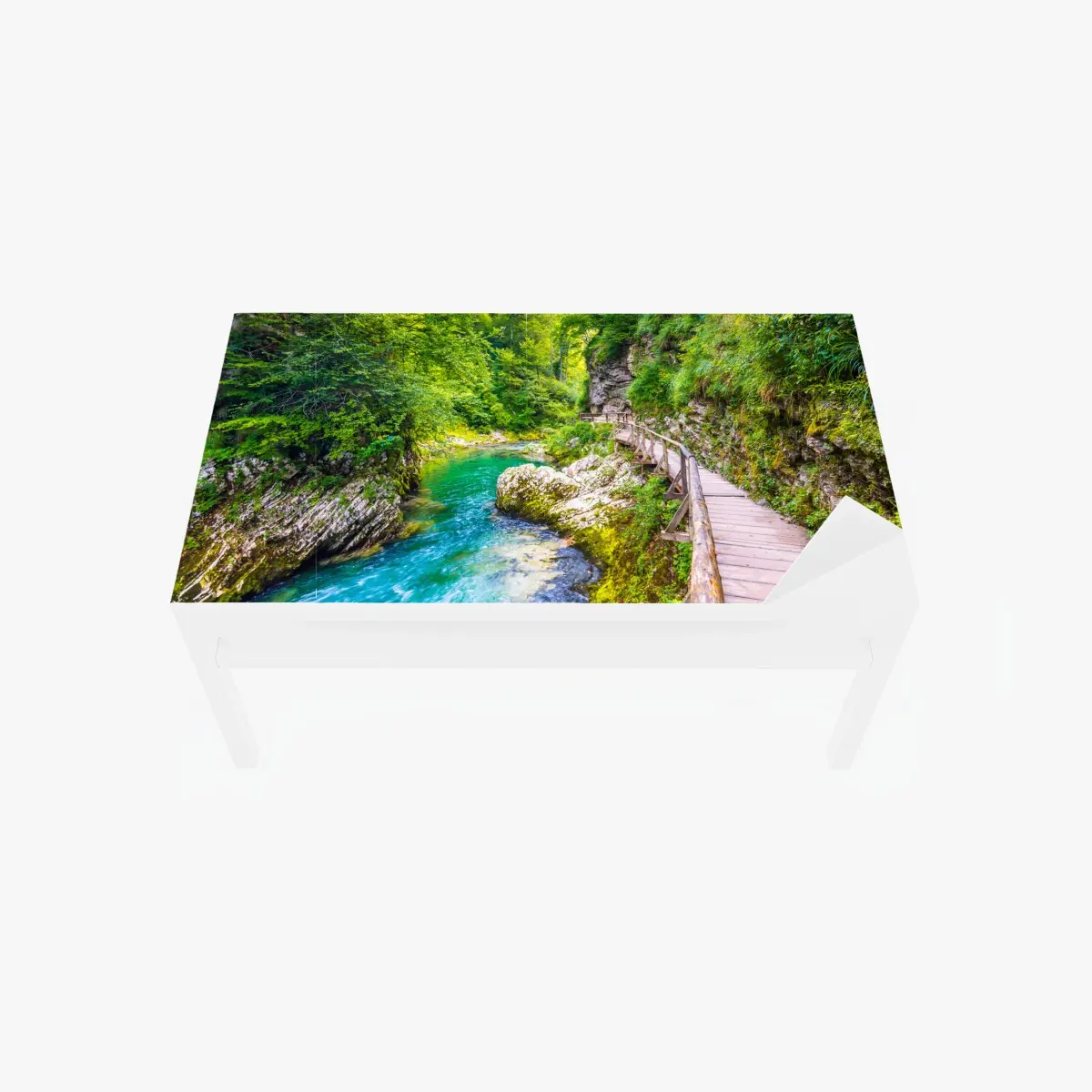 Tischaufkleber und Schreibtischaufkleber türkisfarbener fluss und holzsteg im wald – Pixers®