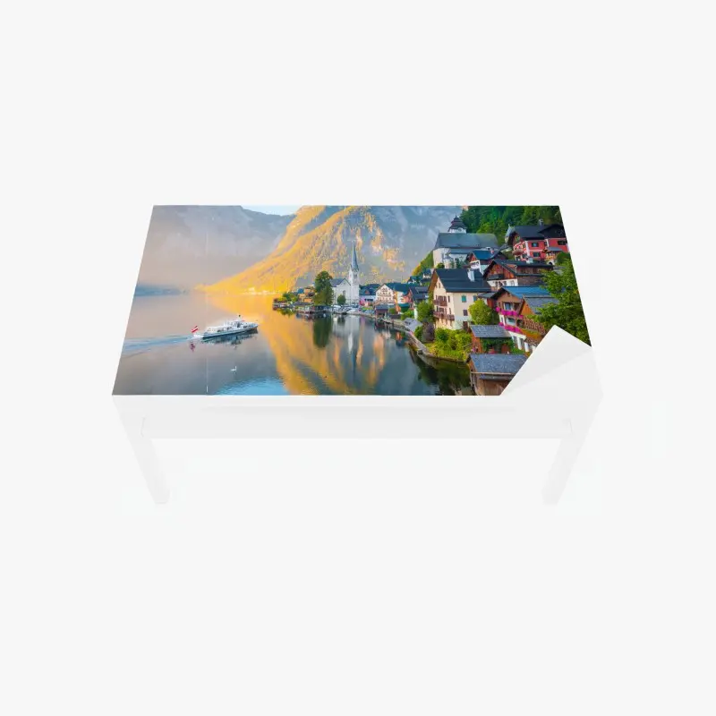 Tischaufkleber und Schreibtischaufkleber morgendlicher lichtglanz über Hallstatt am see