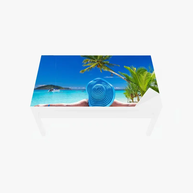 Tischaufkleber und Schreibtischaufkleber tropischer strand mit blauem sonnenhut