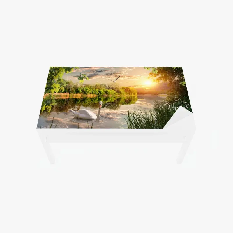 Tischaufkleber und Schreibtischaufkleber sonnenuntergang mit schwan auf stillem see