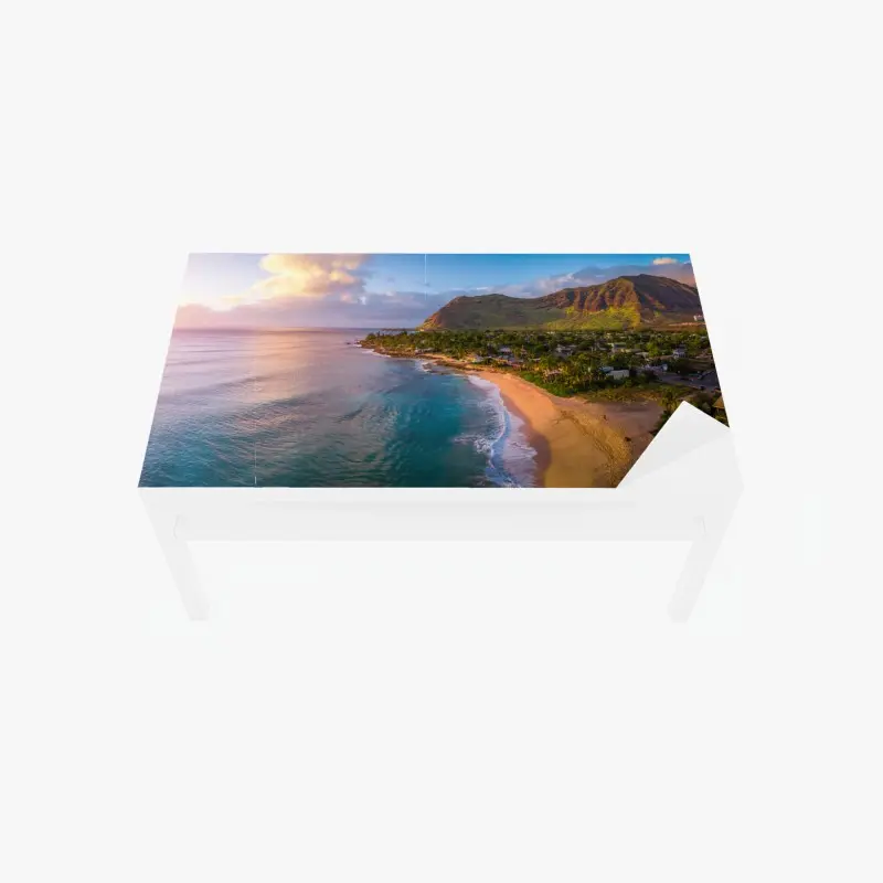 Tischaufkleber und Schreibtischaufkleber sonnenuntergang am strand panorama mit tropischen bergen