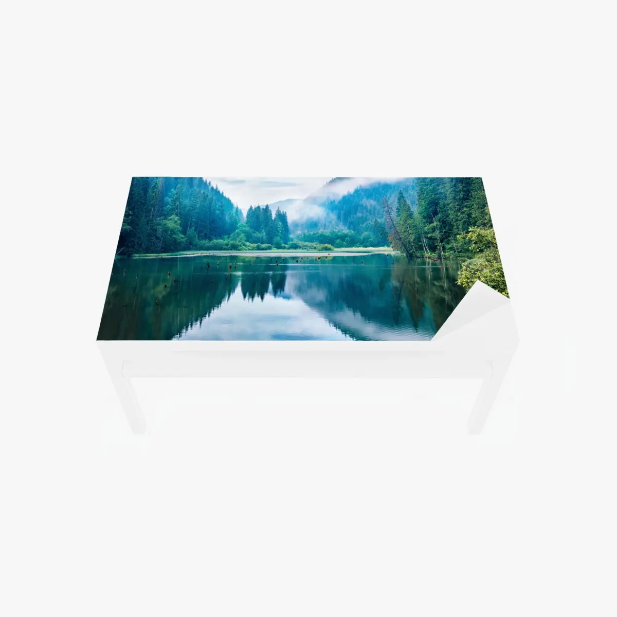 Tischaufkleber und Schreibtischaufkleber nebliger morgen am see Lacu Rosu, Rumänien – Pixers®