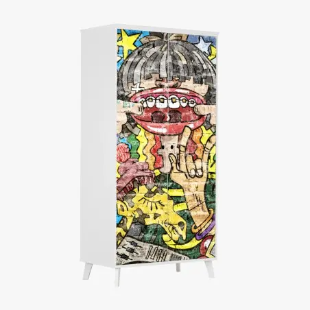 Schrankaufkleber buntes graffiti-mural mit verspielter figur – Pixers®