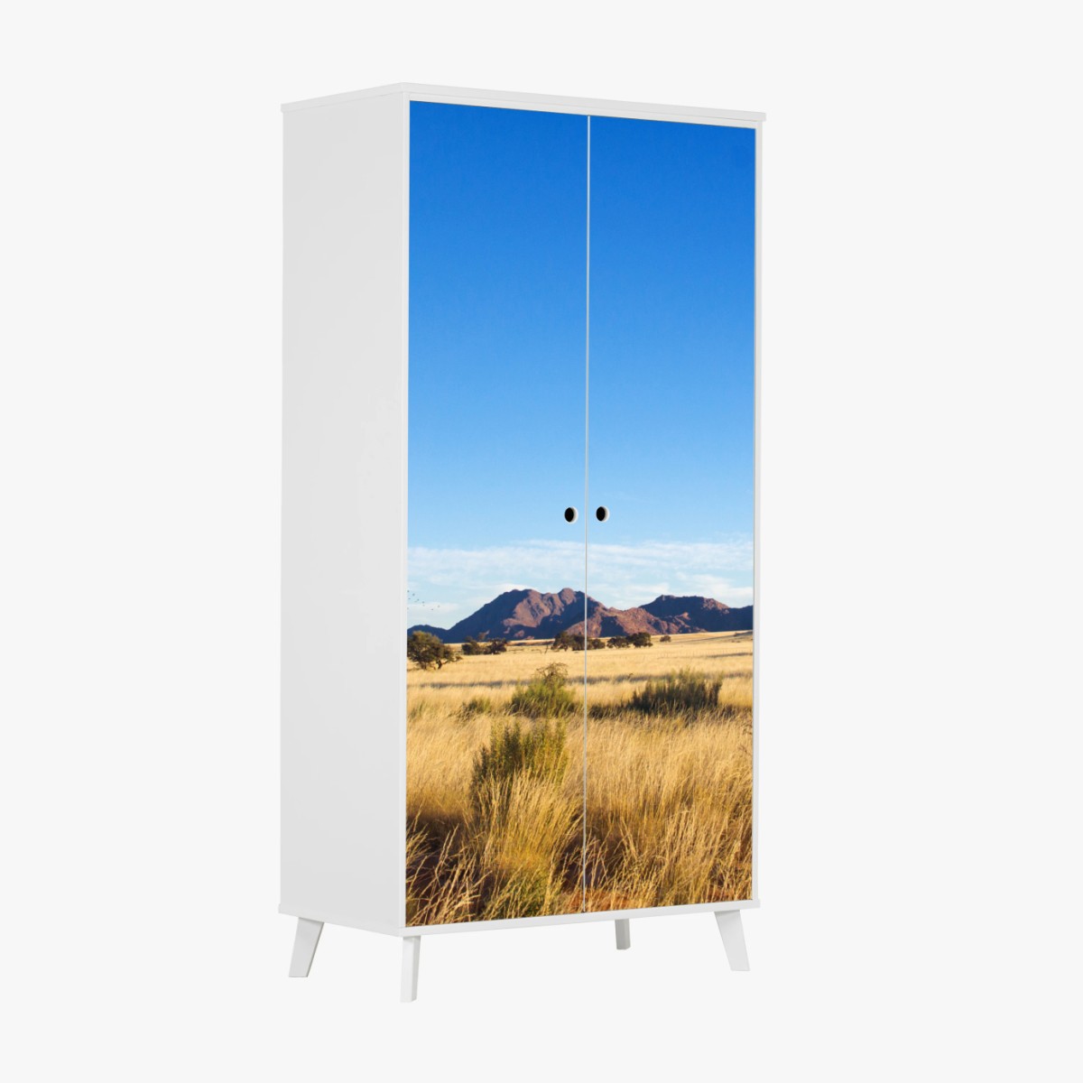 Schrankaufkleber ruhige savannenlandschaft unter klarem blauem himmel – Pixers®