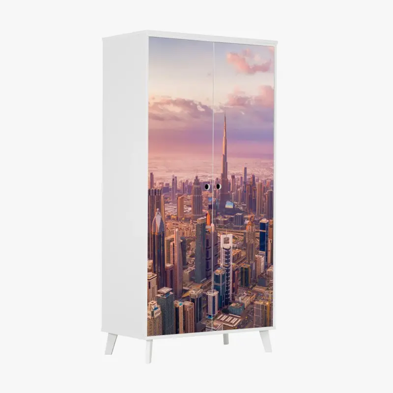 Schrankaufkleber sonnenuntergang über der skyline von Dubai mit Burj Khalifa