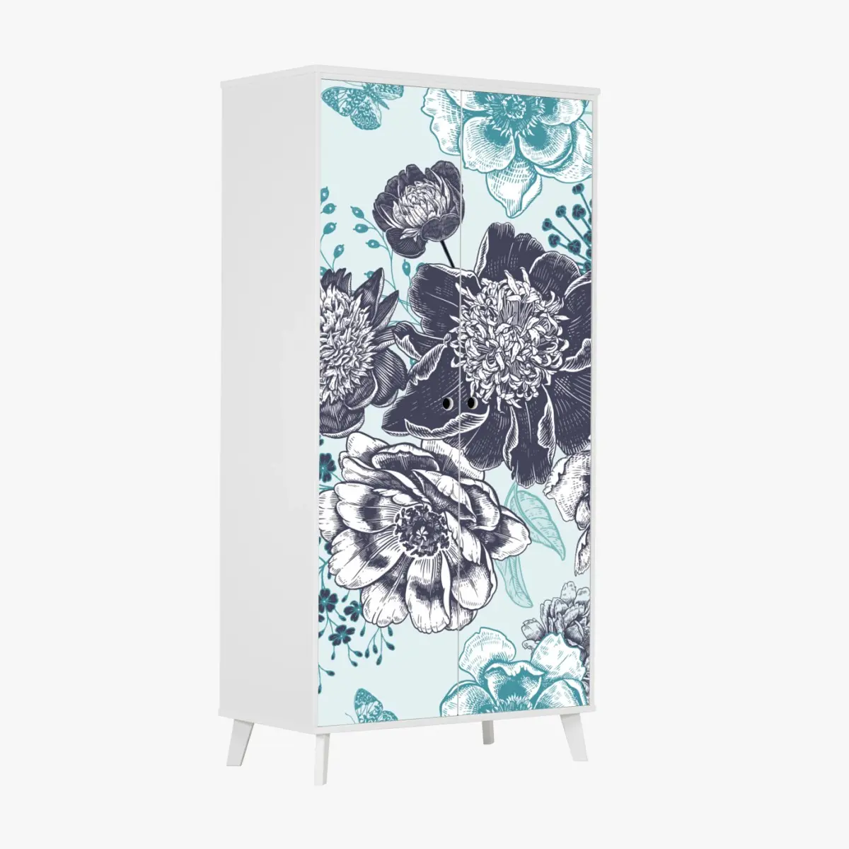 Schrankaufkleber blumiges peonienmuster in türkis und marineblau – Pixers®