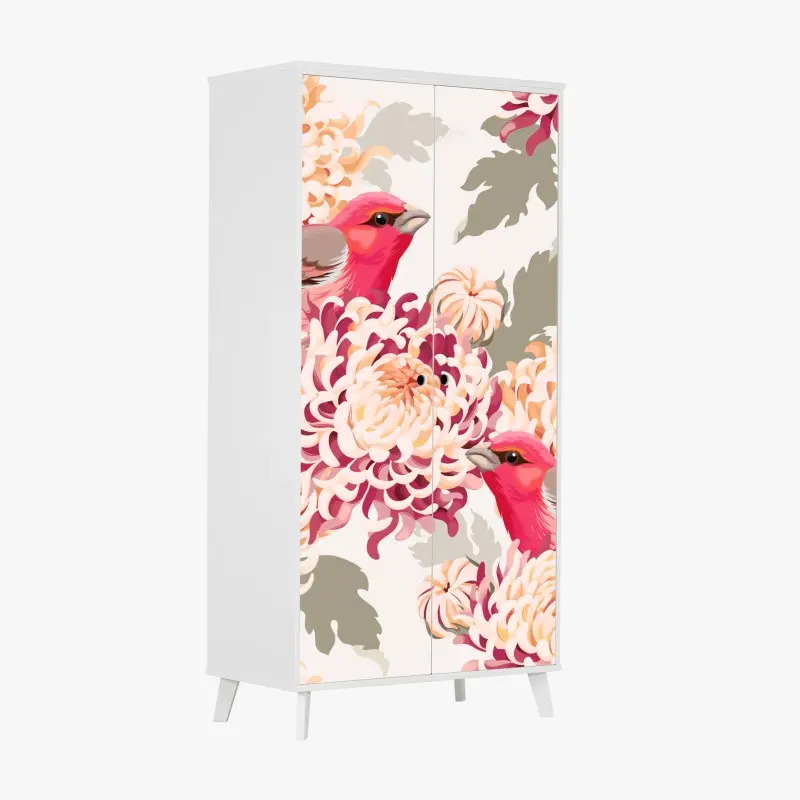 Schrankaufkleber rosa vögel und chryzanthemenmuster