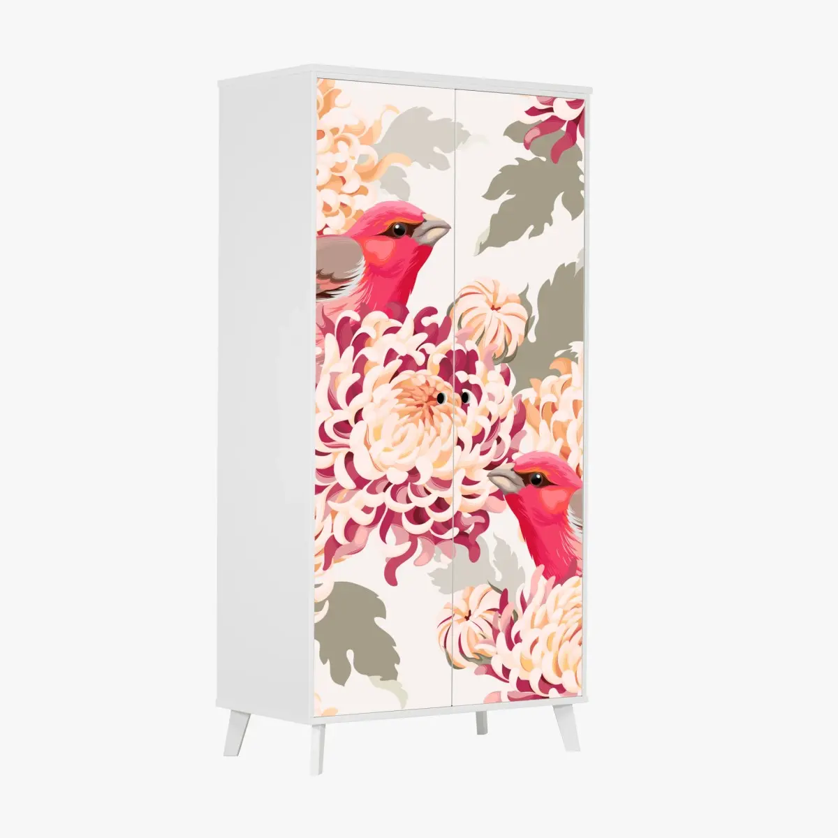 Schrankaufkleber rosa vögel und chryzanthemenmuster – Pixers®