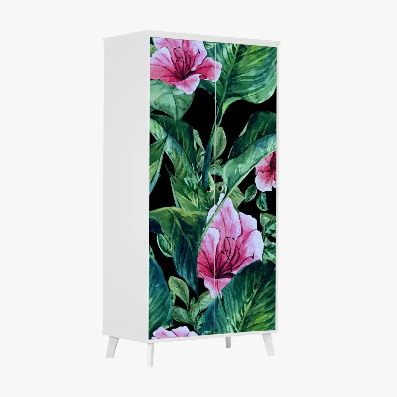 Schrankaufkleber rosa aquarellblumen auf schwarzem hintergrund