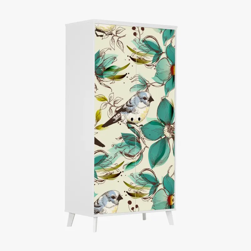 Schrankaufkleber retro türkis blumen- und vogelmuster
