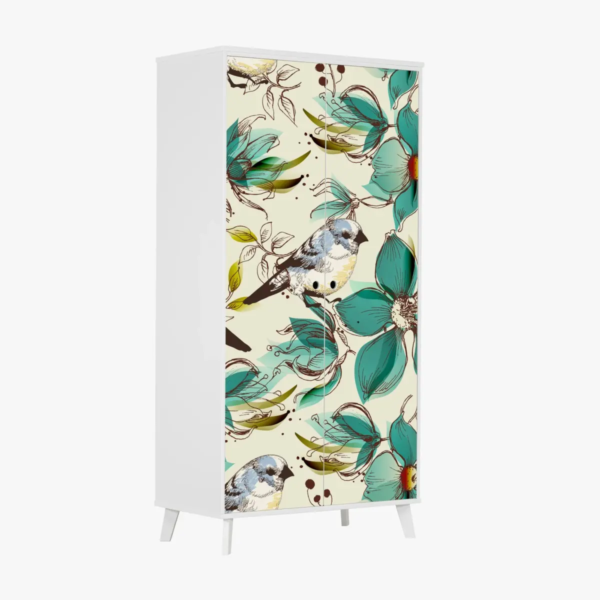Schrankaufkleber retro türkis blumen- und vogelmuster – Pixers®