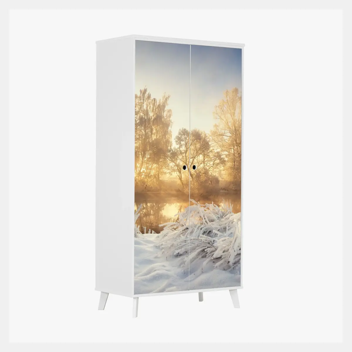 Schrankaufkleber goldener wintersonnenaufgang über dem frostigen fluss – Pixers®