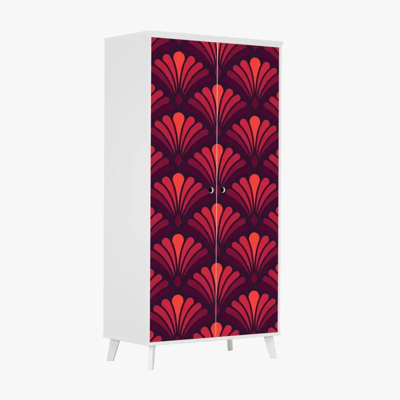 Schrankaufkleber geometrisches art-déco fächermuster in warmen rot- und violetttönen