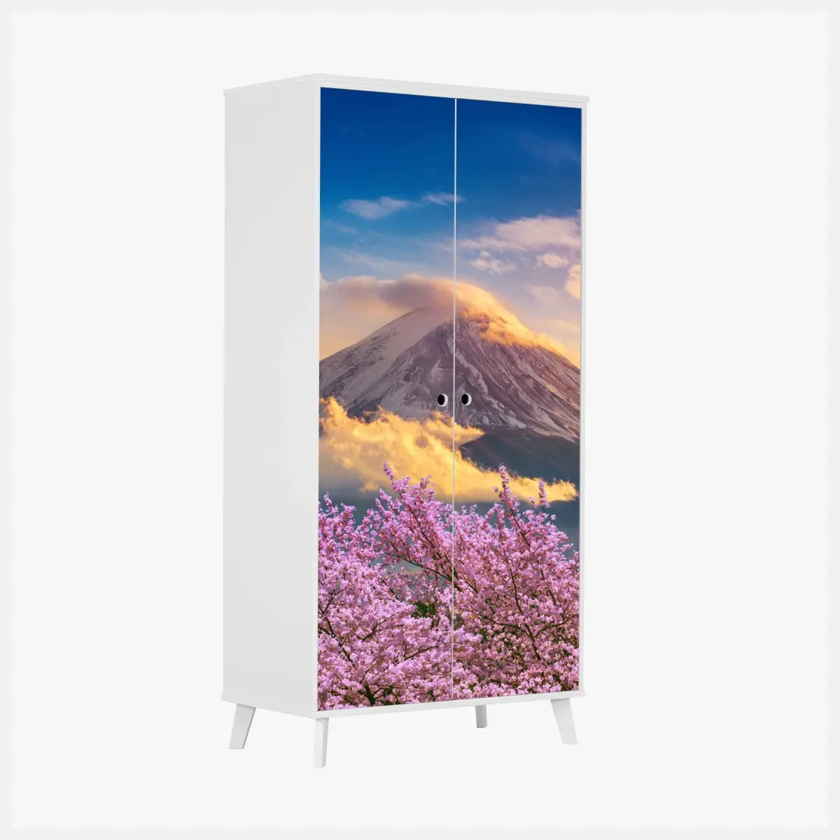 Schrankaufkleber Berg Fuji mit blühenden kirschblüten bei sonnenaufgang – Pixers®