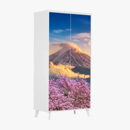 Schrankaufkleber Berg Fuji mit blühenden kirschblüten bei sonnenaufgang – Pixers®