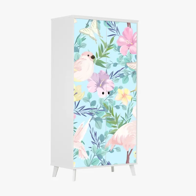 Schrankaufkleber pastell tropisches vögel- und blumenmuster