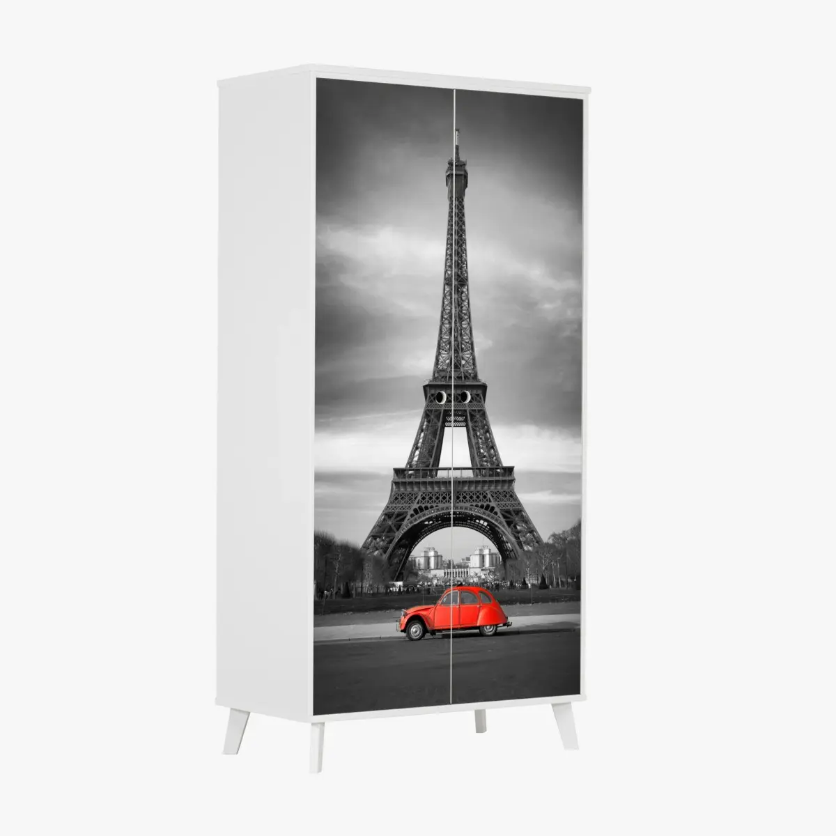 Schrankaufkleber Eiffelturm mit rotem vintage-auto – Pixers®