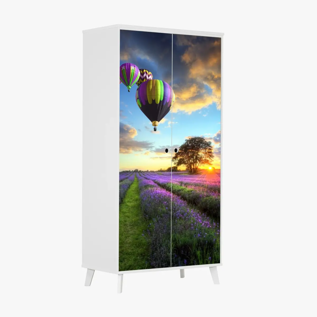 Schrankaufkleber lavendersonnenuntergang mit bunten heißluftballons – Pixers®
