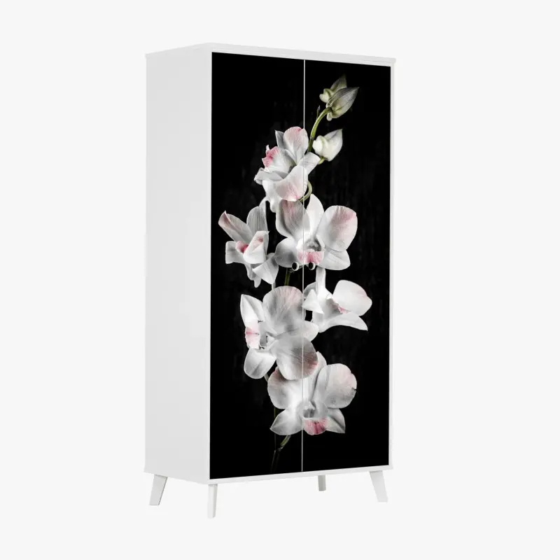 Schrankaufkleber weiße und rosa orchidee vor schwarzem hintergrund