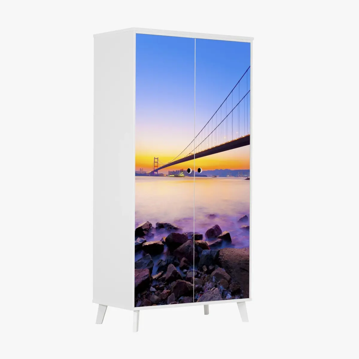 Schrankaufkleber goldener sonnenuntergang über hängebrücke – Pixers®
