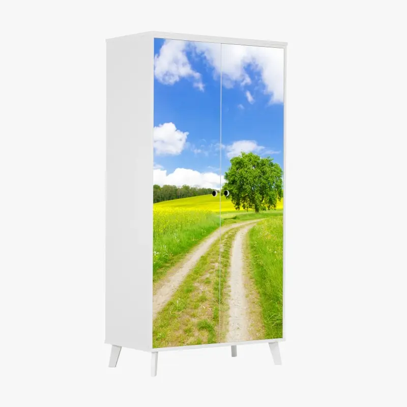 Schrankaufkleber sonniger feldweg mit einsamem baum