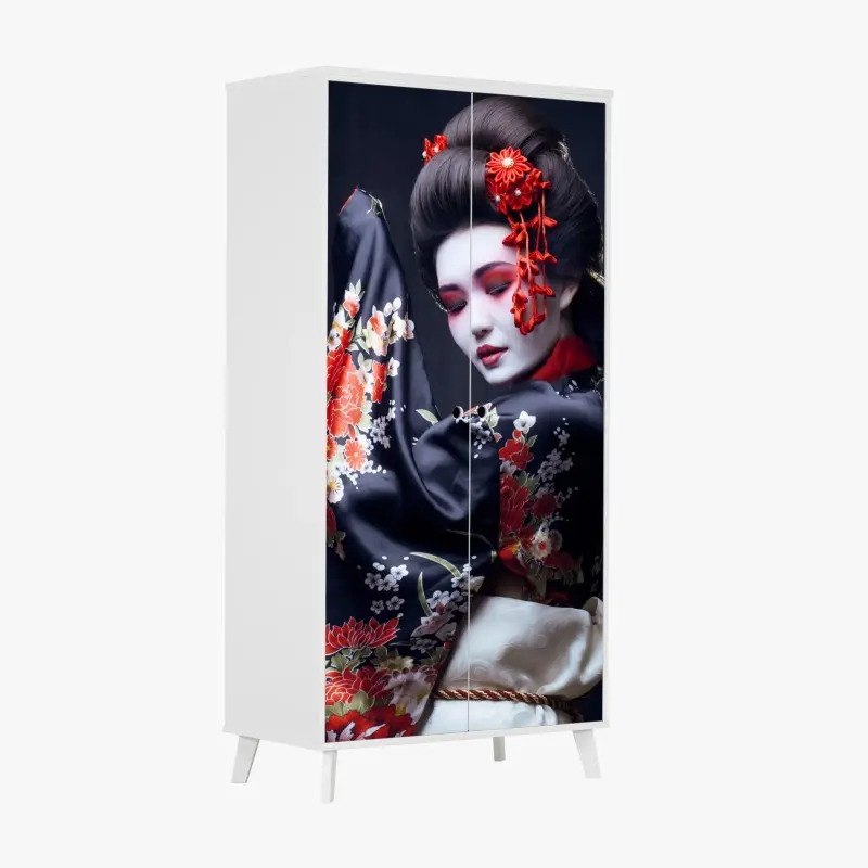 Schrankaufkleber elegantes geisha-porträt in rotem und schwarzem kimono