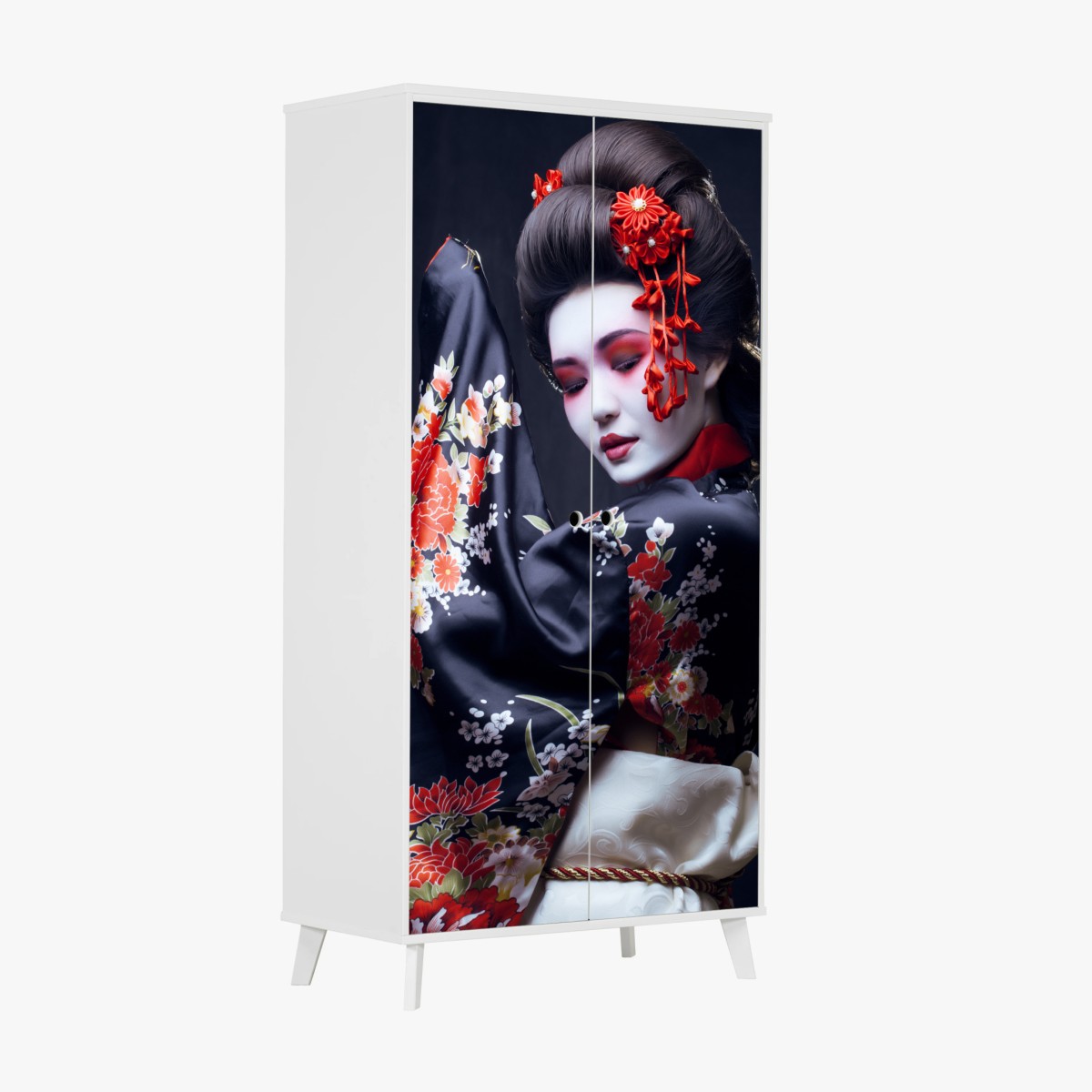 Schrankaufkleber elegantes geisha-porträt in rotem und schwarzem kimono – Pixers®