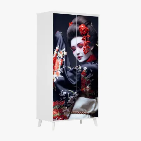Schrankaufkleber elegantes geisha-porträt in rotem und schwarzem kimono – Pixers®