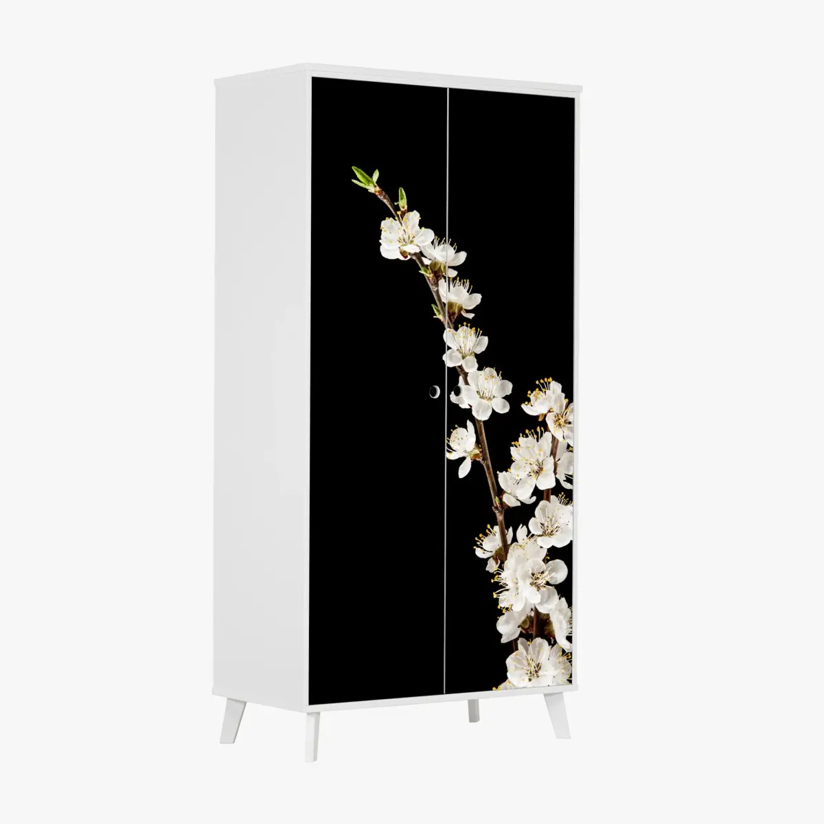 Schrankaufkleber zarter zweig mit aprikosenblüten auf schwarzem hintergrund – Pixers®